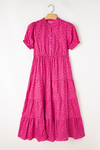 Wholesale Rose Red Mock Neck Puff Sleeve Floral Tiered Maxi Dress - Alleure