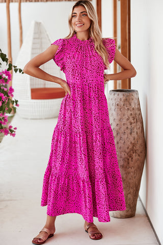 Rose Red Leopard Print Ruffle Sleeveless Maxi Dress - Alleure