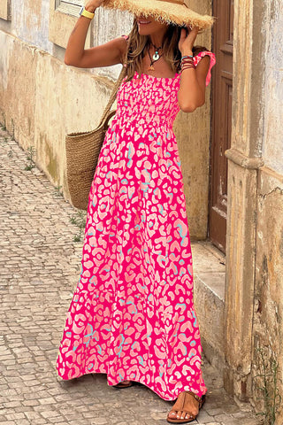 Rose Leopard Ruffle Straps Smocked High Waist Maxi Dress - Alleure