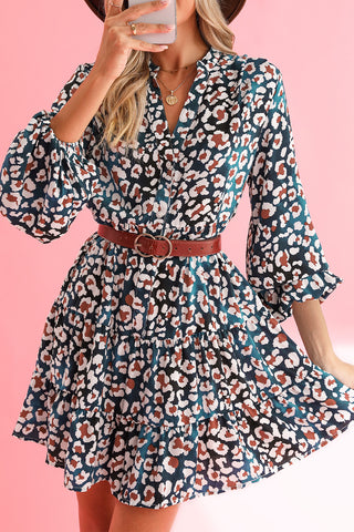 Blue Leopard Print Bubble Sleeve Ruffled Shirt Dress - Alleure