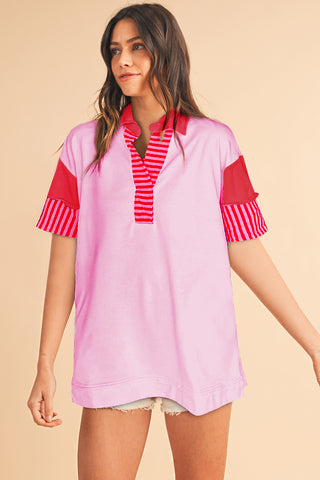 White Stripe Colorblock Sleeve Collared Short Dress