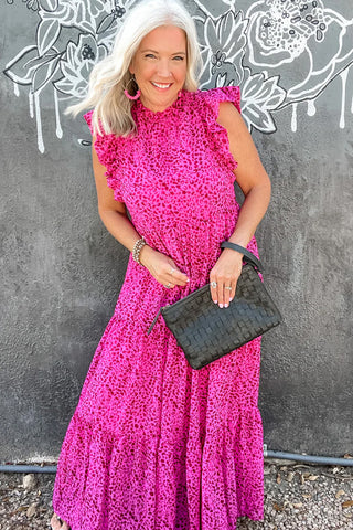 Rose Red Leopard Print Ruffle Sleeveless Maxi Dress - Alleure