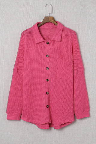Brown Pocket Buttons Front Waffle Knit Shacket