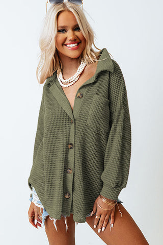 Brown Pocket Buttons Front Waffle Knit Shacket