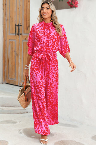 Pink & Red Leopard Print Wide Leg Jumpsuit with Tulip Sleeves & Belt