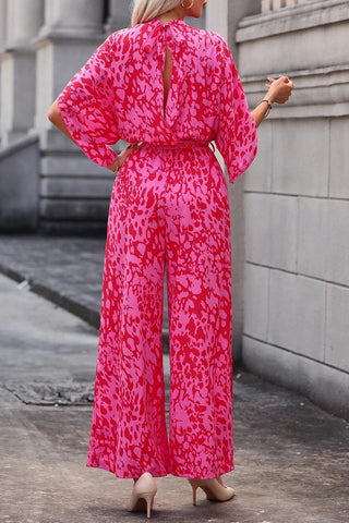 Pink & Red Leopard Print Wide Leg Jumpsuit with Tulip Sleeves & Belt