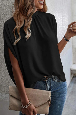 Silky Blouse Batwing Sleeves Neckline Pleats- 2 Colors