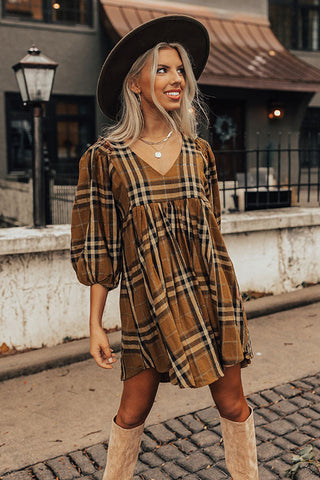 Wholesale Brown Plaid Pattern Empire Waist Babydoll Dress - Alleure