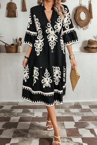 Ethnic Print 3/4 Sleeve Loose Fit Midi - 2 Colors