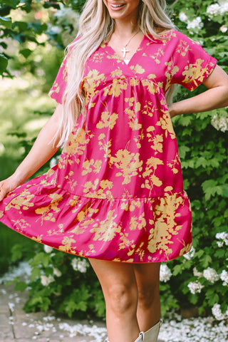 Rose Floral Short Sleeve Surplice Neck Ruffled Mini Dress - Alleure