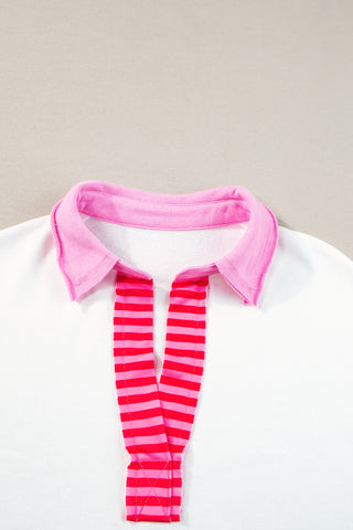 White Stripe Colorblock Sleeve Collared Short Dress