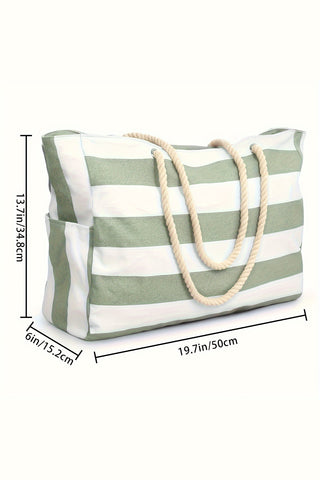 Grass Green Striped Rope Handle Canvas Large Tote Bag - Alleure