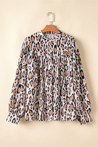 Light French Beige Leopard Print Balloon Sleeve Loose Blouse