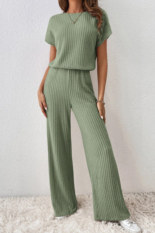 Ribbed Jumpsuit with Short Sleeves & Wide Legs - 3 Colors