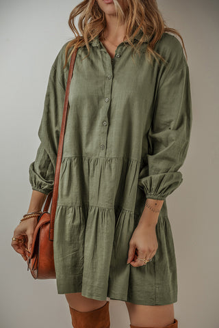 Tiered Shirt Dress Puff Sleeves - 2 Colors