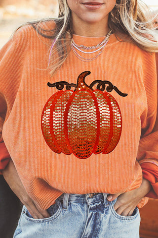 Ribbed Halloween Sweatshirt Sequin Pumpkins - 2 Colors