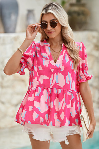 Pink Abstract Print Peplum Blouse Puff Sleeve V Neck