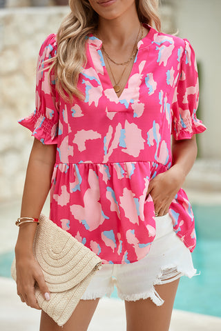 Pink Abstract Print Peplum Blouse Puff Sleeve V Neck