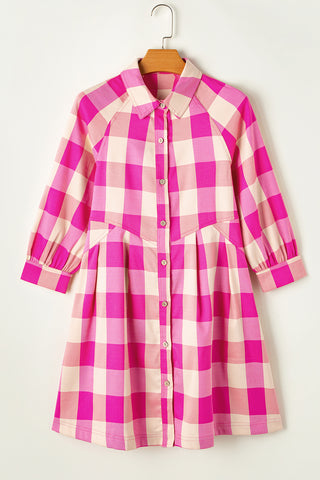 Short Shirt Dress Pink Plaid Long Sleeves