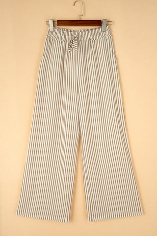 Khaki Striped Drawstring Waist Pants Loose Fit