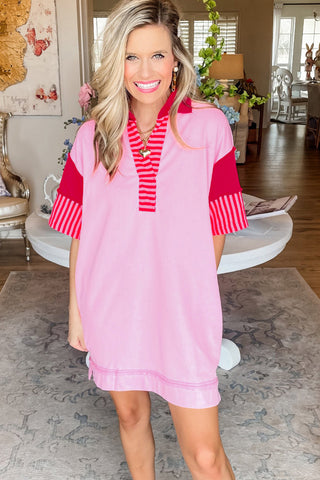 White Stripe Colorblock Sleeve Collared Short Dress
