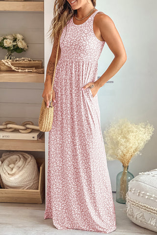 Rose Pink Leopard Pocketed Maxi Tank Dress - Alleure
