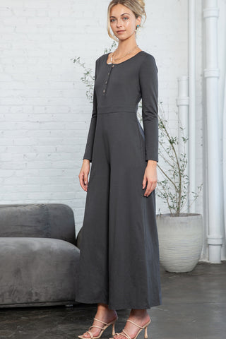 Henley Jumpsuit Wide Leg Long Sleeves Pockets