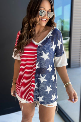 Stripes & Stars V Neck Short Sleeve Knit - 2 Color Variations