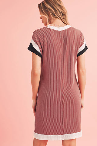 Rose Red Rib Textured Colorblock Contrast Pocket T Shirt Dress - Alleure