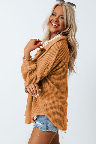 Brown Pocket Buttons Front Waffle Knit Shacket
