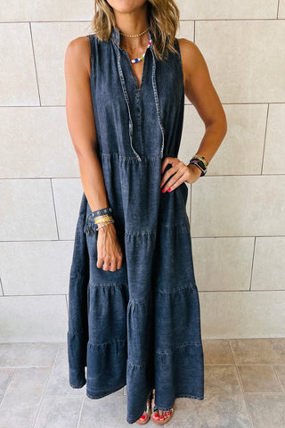 Real Teal Sleeveless Tiered Chambray Maxi Dress - Alleure