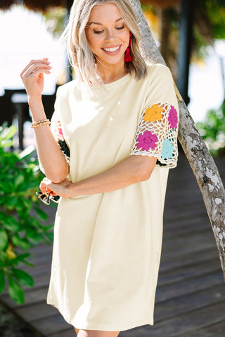 White Floral Crochet Splicing Sleeve T-shirt Dress - Alleure