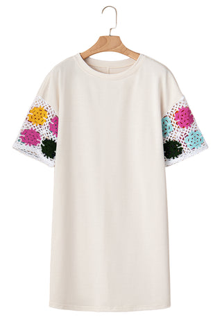 White Floral Crochet Splicing Sleeve T-shirt Dress - Alleure