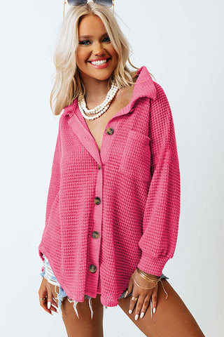 Brown Pocket Buttons Front Waffle Knit Shacket