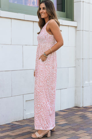 Rose Pink Leopard Pocketed Maxi Tank Dress - Alleure