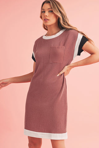 Rose Red Rib Textured Colorblock Contrast Pocket T Shirt Dress - Alleure