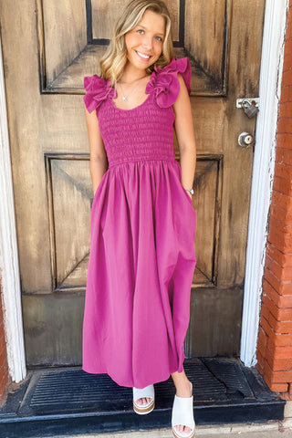 Rose Red Crinkled Ruffle Strap Smocked Midi Dress - Alleure