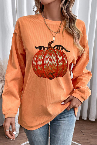 Ribbed Halloween Sweatshirt Sequin Pumpkins - 2 Colors