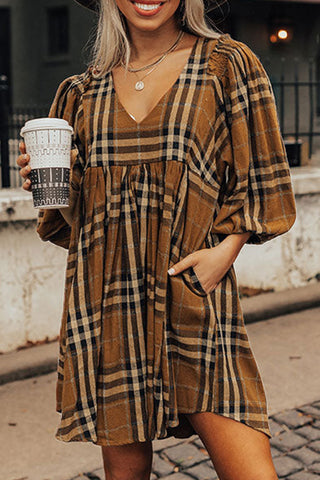 Wholesale Brown Plaid Pattern Empire Waist Babydoll Dress - Alleure