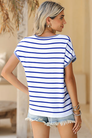 Blue Stripe Knit Dolman Sleeves with Trim