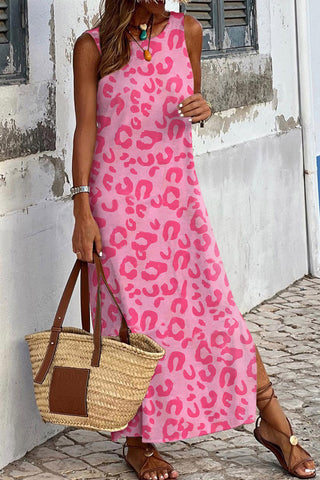 Rosy Casual Leopard Print Side Slits Sleeveless Dress - Alleure