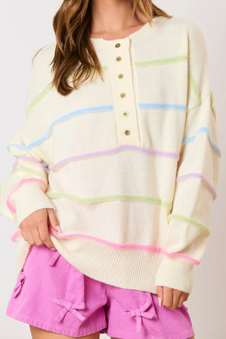 Striped Drop Sleeve Henley Sweater - 2 Colors