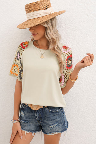 Boho T Shirt Crochet Sleeves- 6 Colors