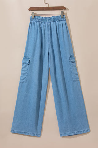Blue Drawstring High Waist Wide Leg Jeans