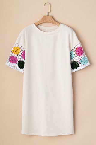 White Floral Crochet Splicing Sleeve T-shirt Dress - Alleure