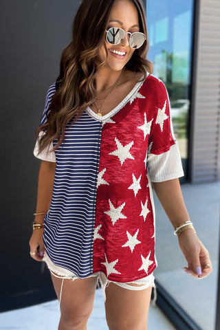 Stripes & Stars V Neck Short Sleeve Knit - 2 Color Variations