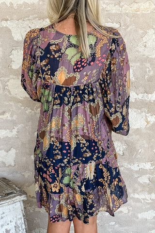 Purple Boho Floral Print Puff Sleeve Flowy Mini Dress - Alleure