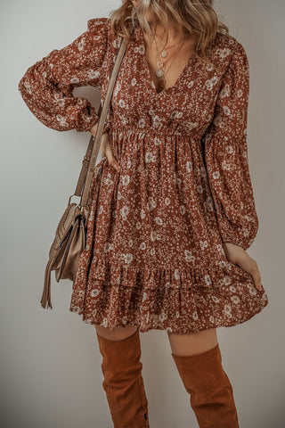 Brown Boho Floral Dress Ruffle Puff Sleeves