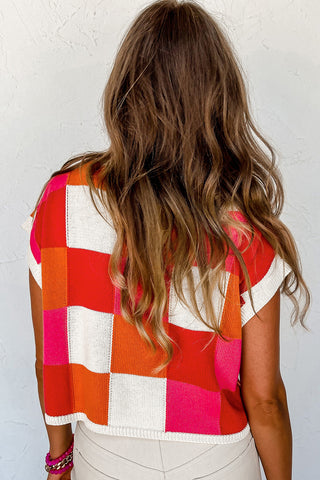 Grapefruit Orange Checkered Color Block Cap Sleeve Knitted Top - Alleure