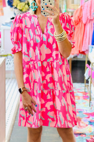 Pink Abstract Print Dress V Neck Shirred Sleeves
